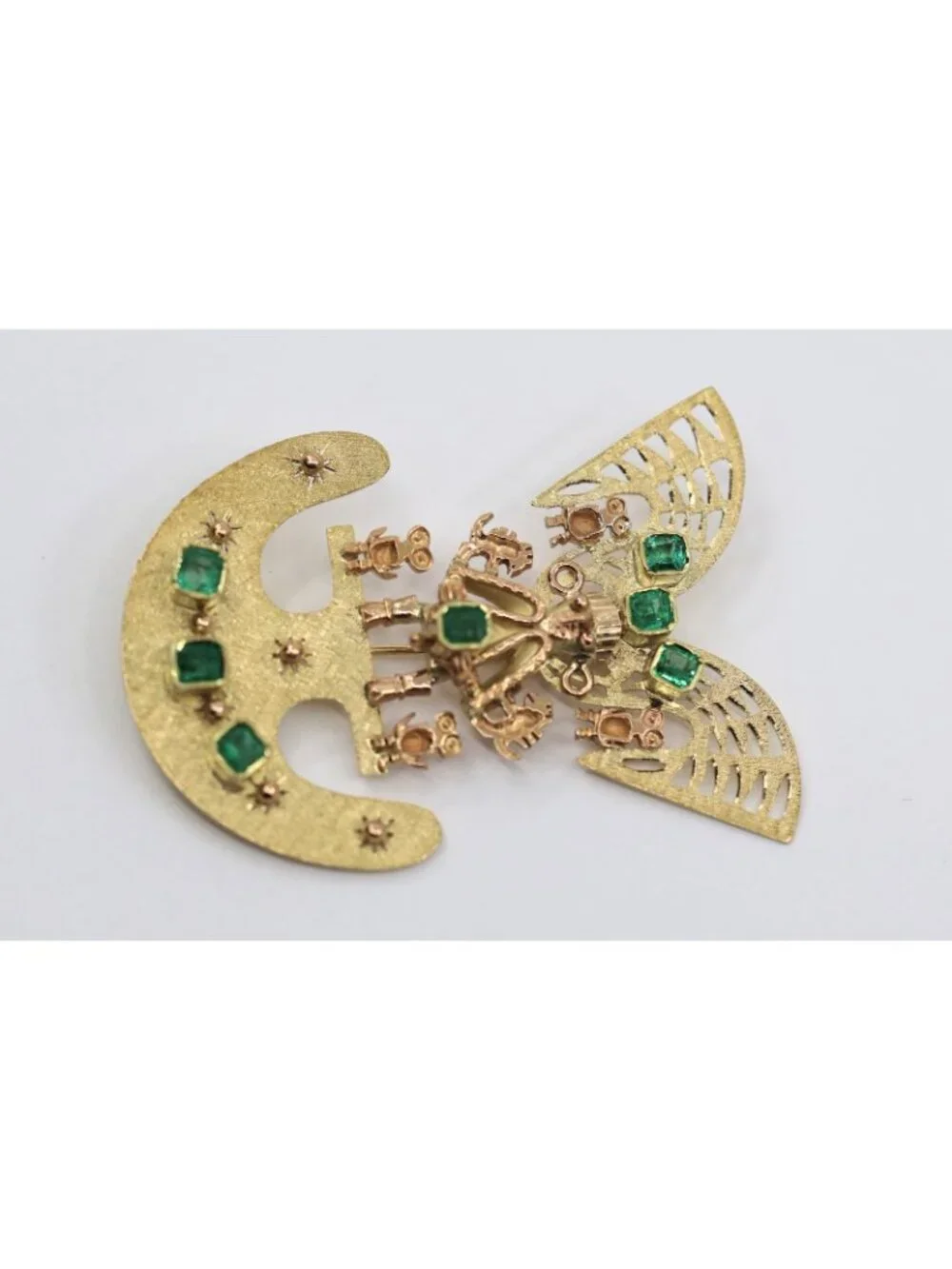 Vintage 18K Gold 7 Emerald Tairona Pre Columbian Brooch Pendant 22.7g Estate Art